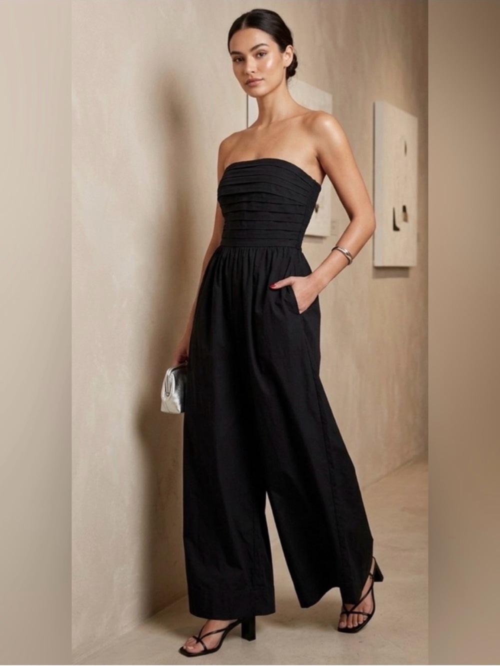 Strapless Black Wide-Leg Jumpsuit with Pleated Bodice